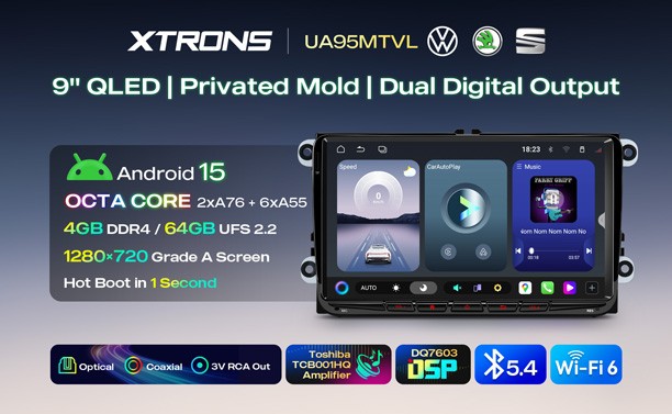 XTRONS UA95MTVL 9.0" VOLKSWAGEN, SEAT, SKODA Multimeedia Android 15.0 Octa-Core 4G